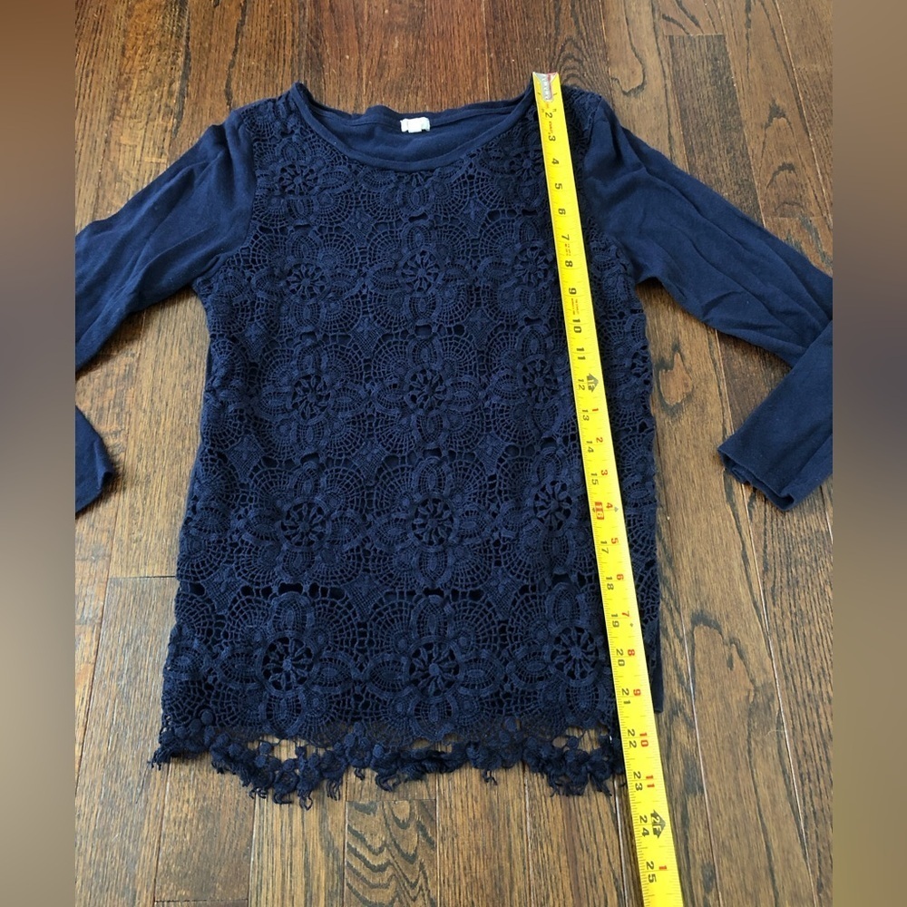 J. Crew Women’s S Navy Blue Floral Lace Front 3/4 Sleeved Cotton Crewneck Blouse - Picture 7 of 10